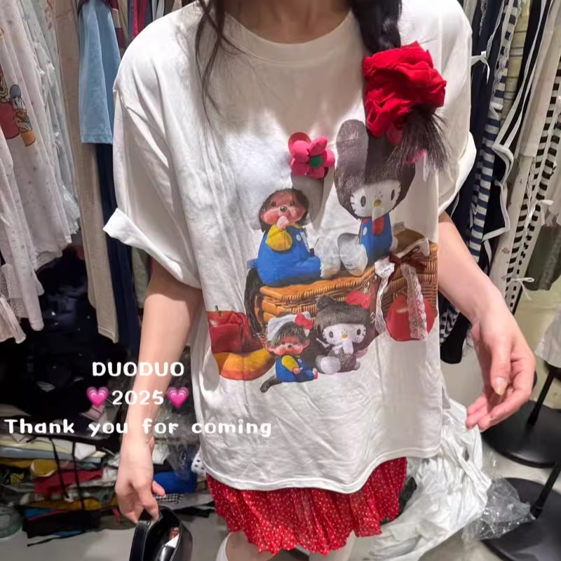 卡通立体花朵宽松短袖T恤上衣
