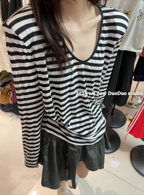 DUODUO U领条纹垫肩宽松薄款长袖T恤防晒衣111