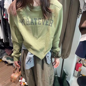 DUODUO 圆领字母图案不规则下摆短款套头卫衣上衣9181
