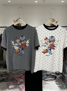 BENHE 拼色圆领圆点字母卡通图案宽松短袖T恤百搭上衣82068