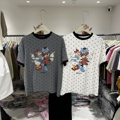 圆领圆点字母卡通宽松短袖T恤