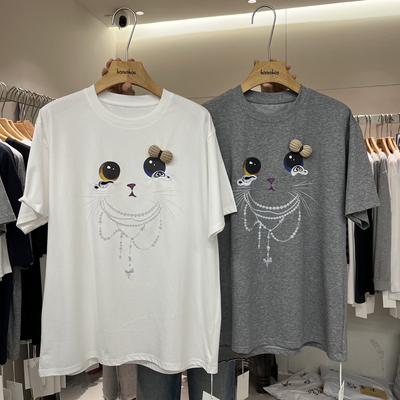 卡通猫咪图案宽松短袖T恤上衣