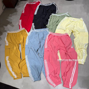 DUODUO 薄款 运动裤 松紧腰蕾丝花边白色边条束脚卫裤