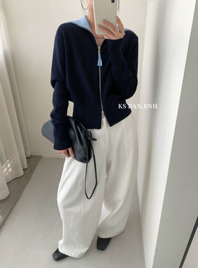 KISS SISTER 拼色翻领拉链简约针织衫开衫毛衣83852