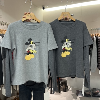 卡通图案拼接袖宽松长袖T恤上衣