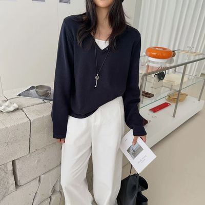 打底条纹拼色假两件长袖针织衫