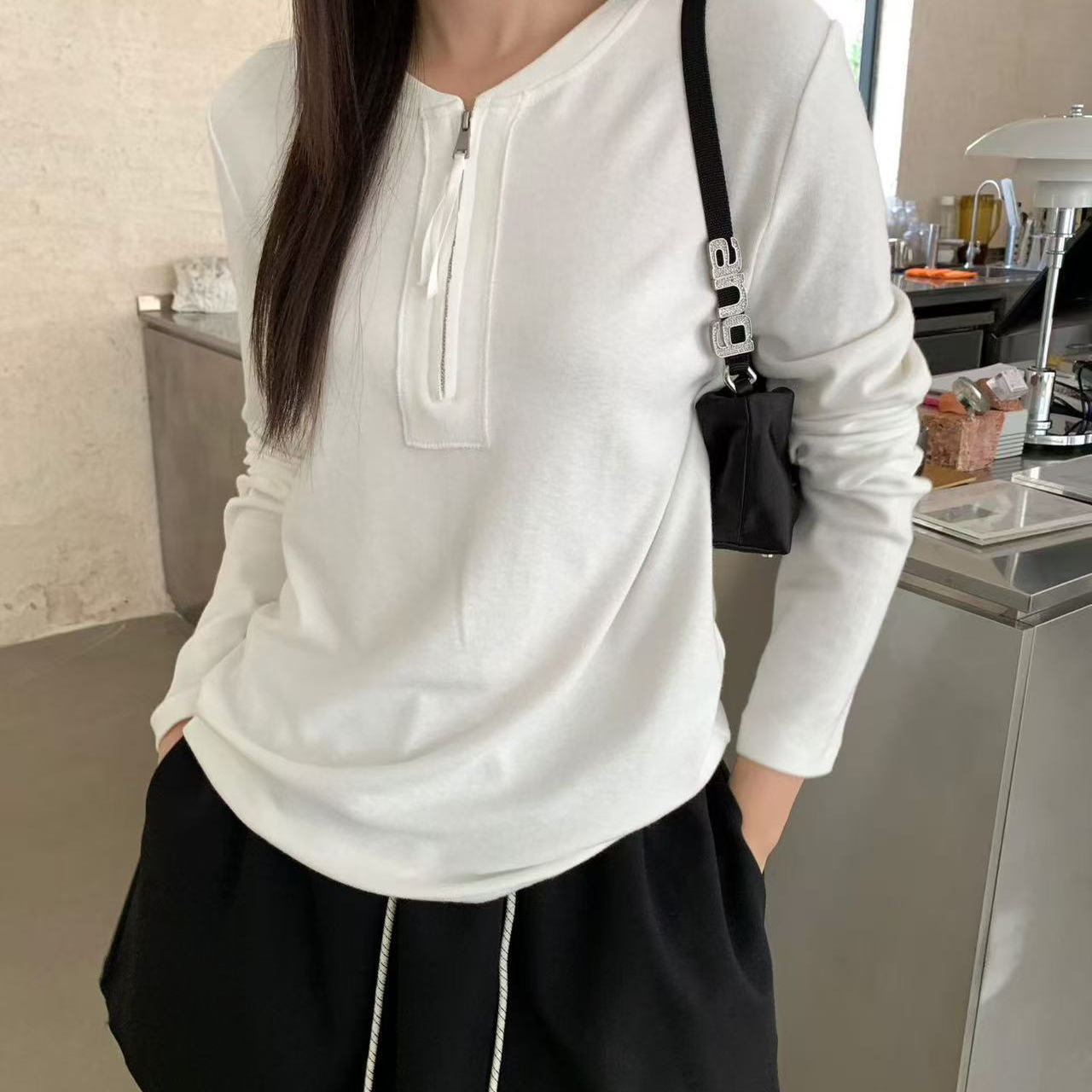 纯色半扣高级感宽松长袖T恤