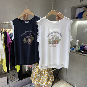TP 圆领字母卡通图案蕾丝花边无袖背心T恤上衣9387