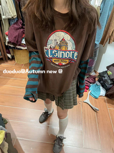 DUODUO 复古圆领字母卡通图案拼接条纹袖假两件磨毛T恤打底衫5307