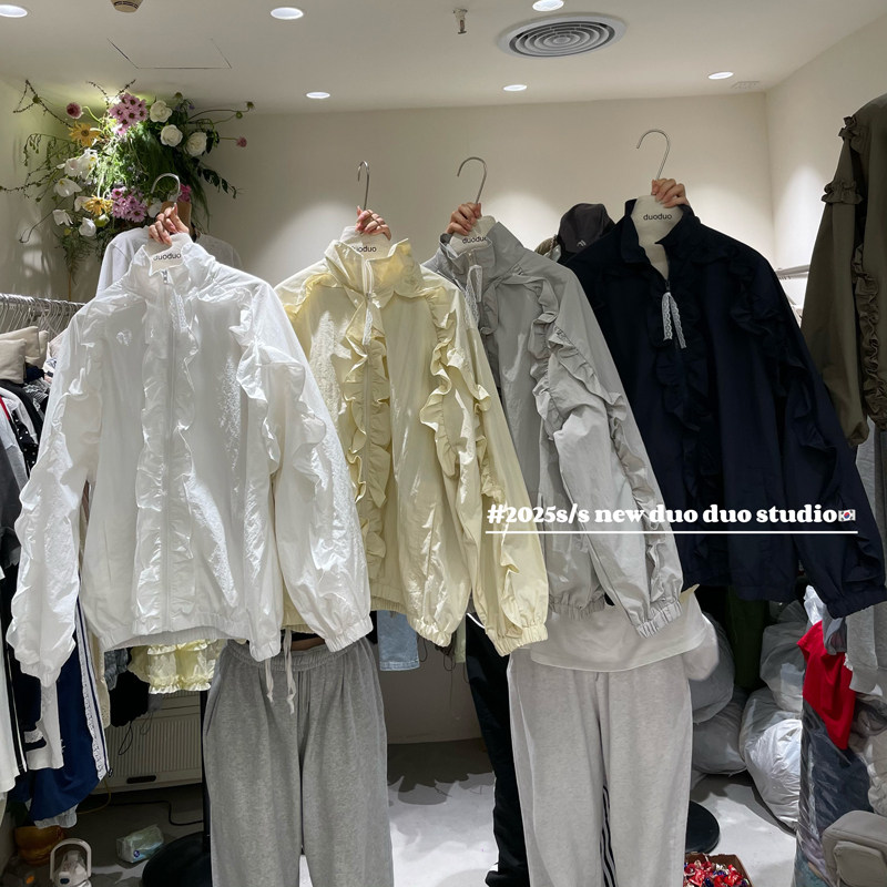 翻领荷叶边拉链风衣外套冲锋衣