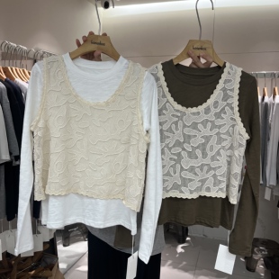 HANMIGAO 圆领蕾丝钩花背心罩衫+纯色简约长袖T恤两件套