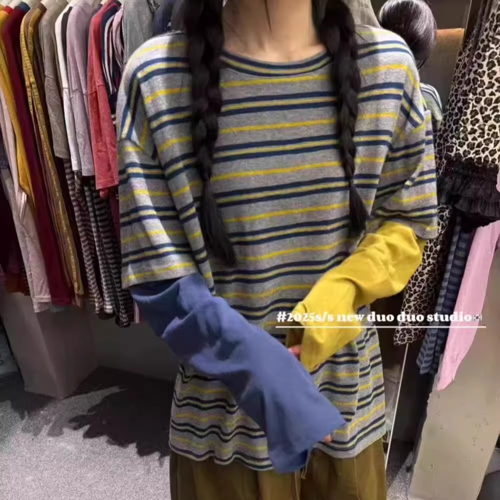 条纹拼接袖假两件T恤百搭上衣