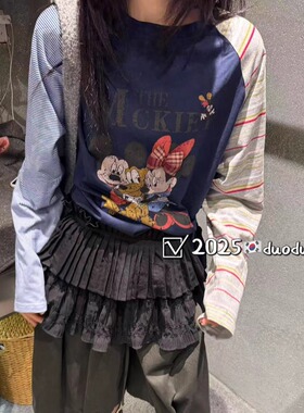 DUODUO 圆领字母卡通图案插肩袖拼色T恤上衣