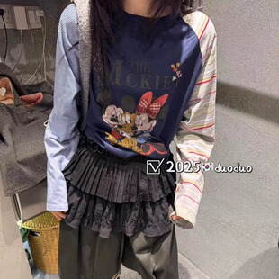DUODUO 拼色T恤上衣 圆领字母卡通图案插肩袖