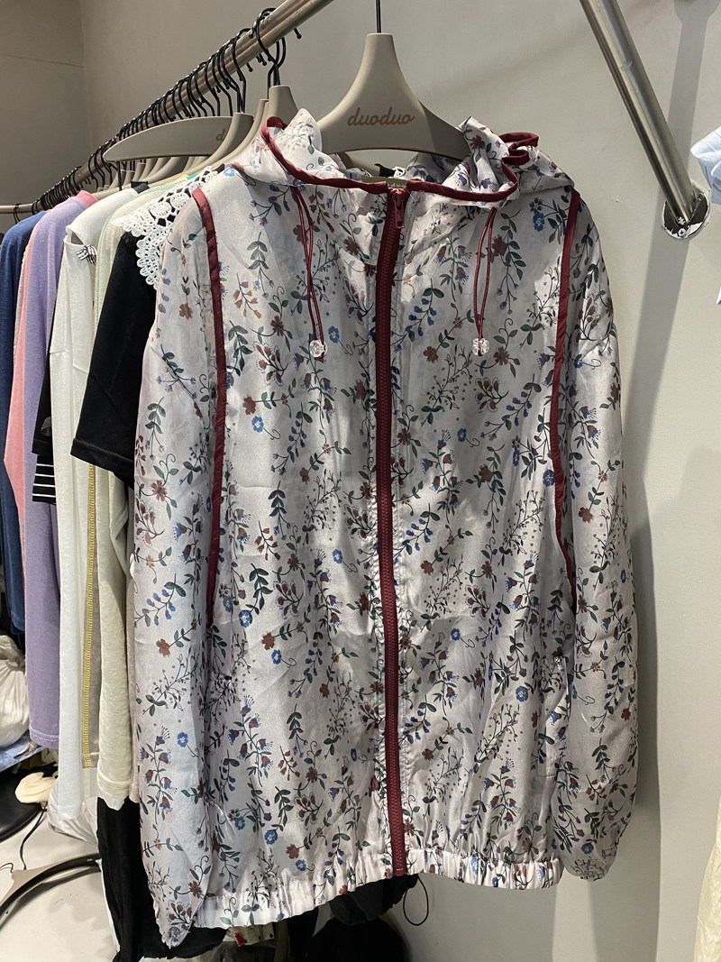 DUODUO 连帽领小碎花拼色宽松薄款风衣外套防晒衣空调衫