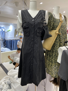 夏季新款FINOA 韩版V领大口袋收腰工装背心连衣裙气质中长裙6573