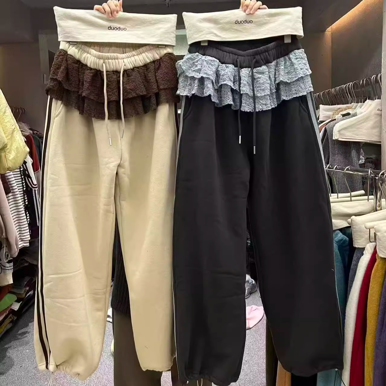 束脚抽绳松紧腰蕾丝加绒荷叶边