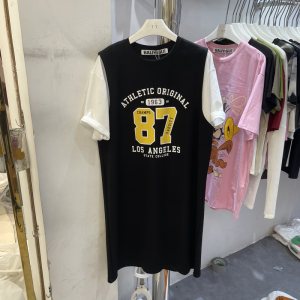 BALIYIGUI 圆领字母图案拼袖假两件中长款T恤连衣裙7309