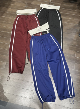 DUODUO 抽绳松紧腰白色边条直筒束脚卫裤显瘦运动裤休闲裤829