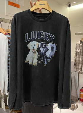 HANMIGAO 圆领字母卡通狗狗图案洗水棉长袖T恤上衣62330