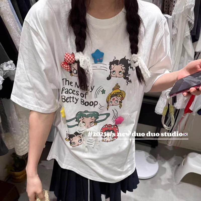 字母卡通图案宽松短袖T恤上衣