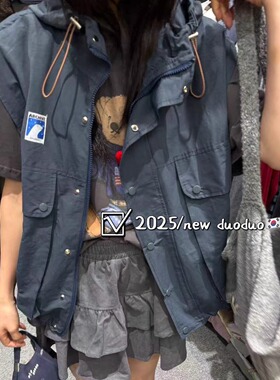 DUODUO 连帽领抽绳口袋工装帅气马夹背心外套