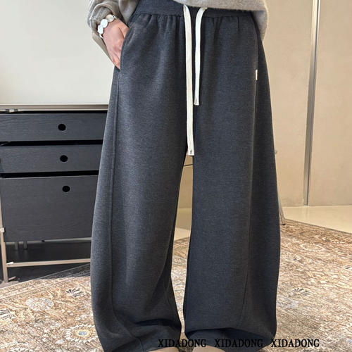 松紧腰纯色宽松阔腿卫裤