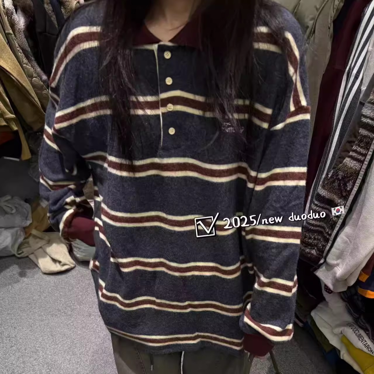 翻领条纹套头长袖T恤宽松百搭