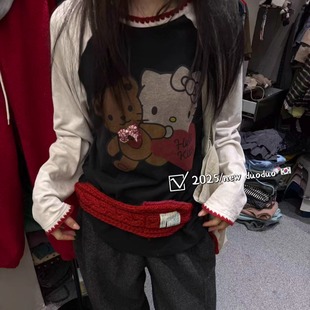 DUODUO 拼色磨毛T恤上衣 圆领字母卡通图案插肩袖