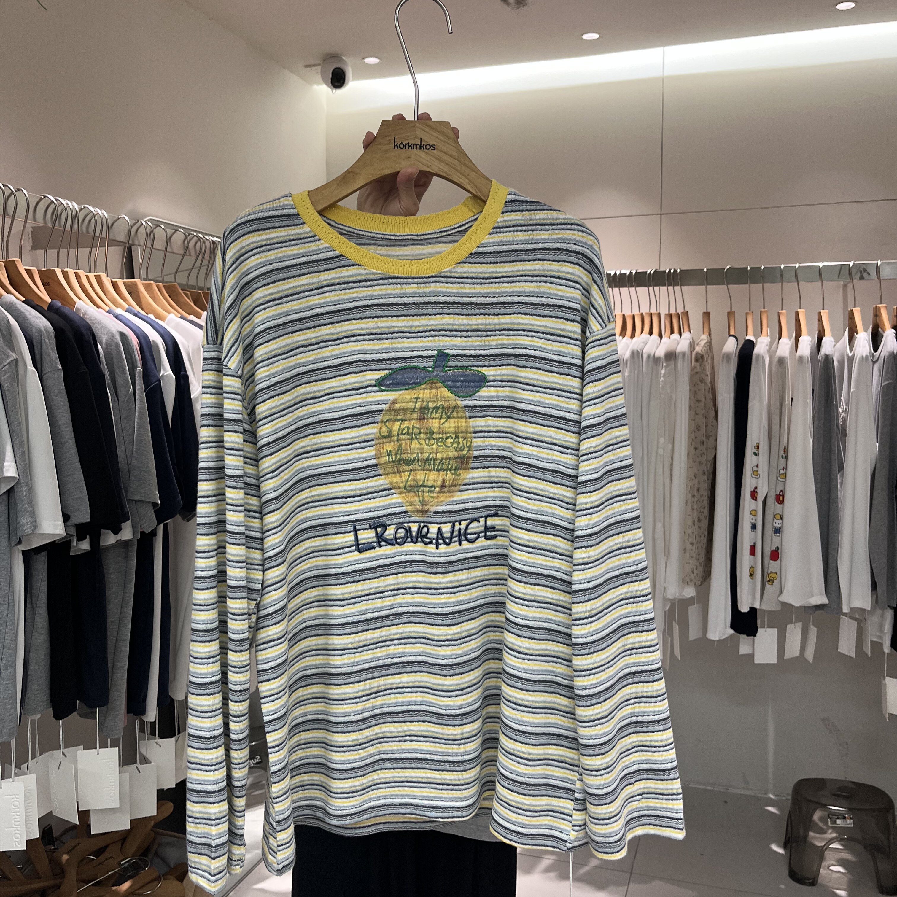 HANMIGAO 圆领字母水果图案条纹拼色宽松长袖T恤上衣