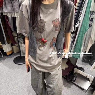 DUODUO T恤百搭上衣 复古圆领卡通图案宽松短袖