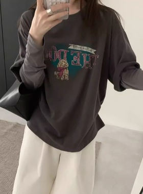 FROMSEVEN 圆领字母卡通图案拼接袖假两件磨毛T恤