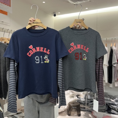 字母卡通拼接条纹袖假两件T恤