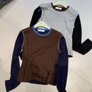 T恤百搭上衣 拼色长袖 BENHE 圆领明线插肩袖