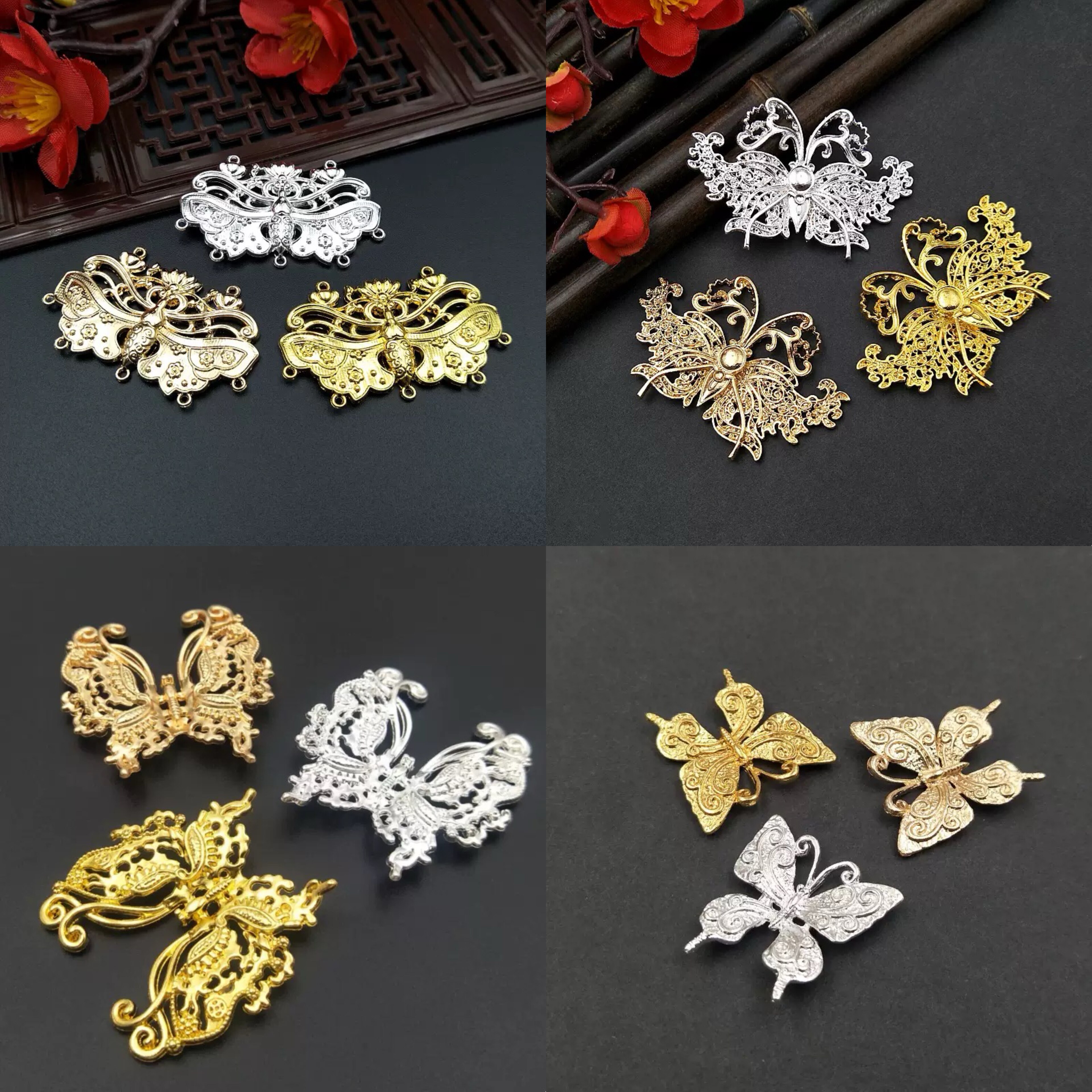 合金配件镂空蝴蝶仿花丝藤蔓小挂件项圈璎珞花片材料汉服压襟装饰