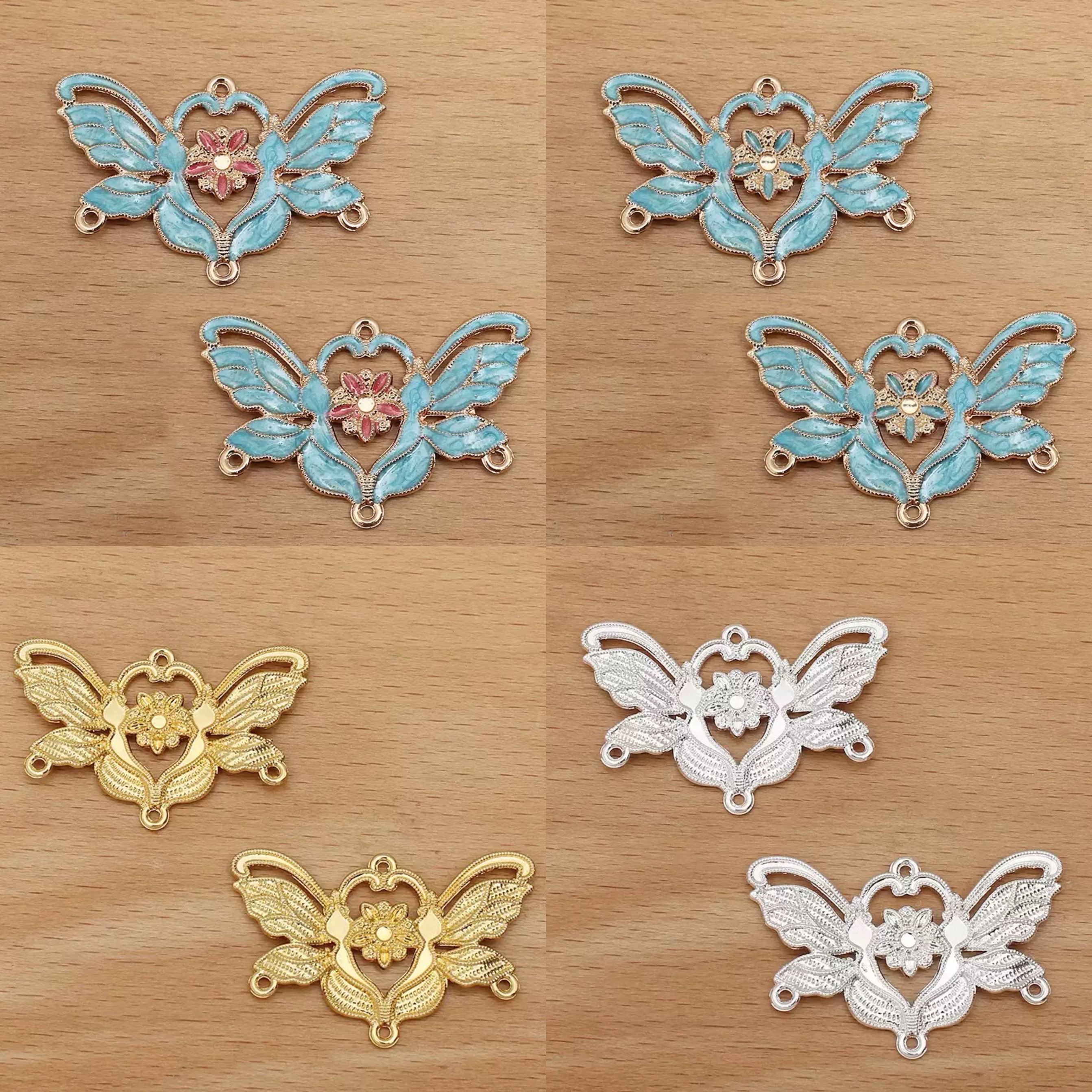 滴油仿点翠蝴蝶花朵diy手工古典古风项链发冠烧蓝发饰品镀金配件