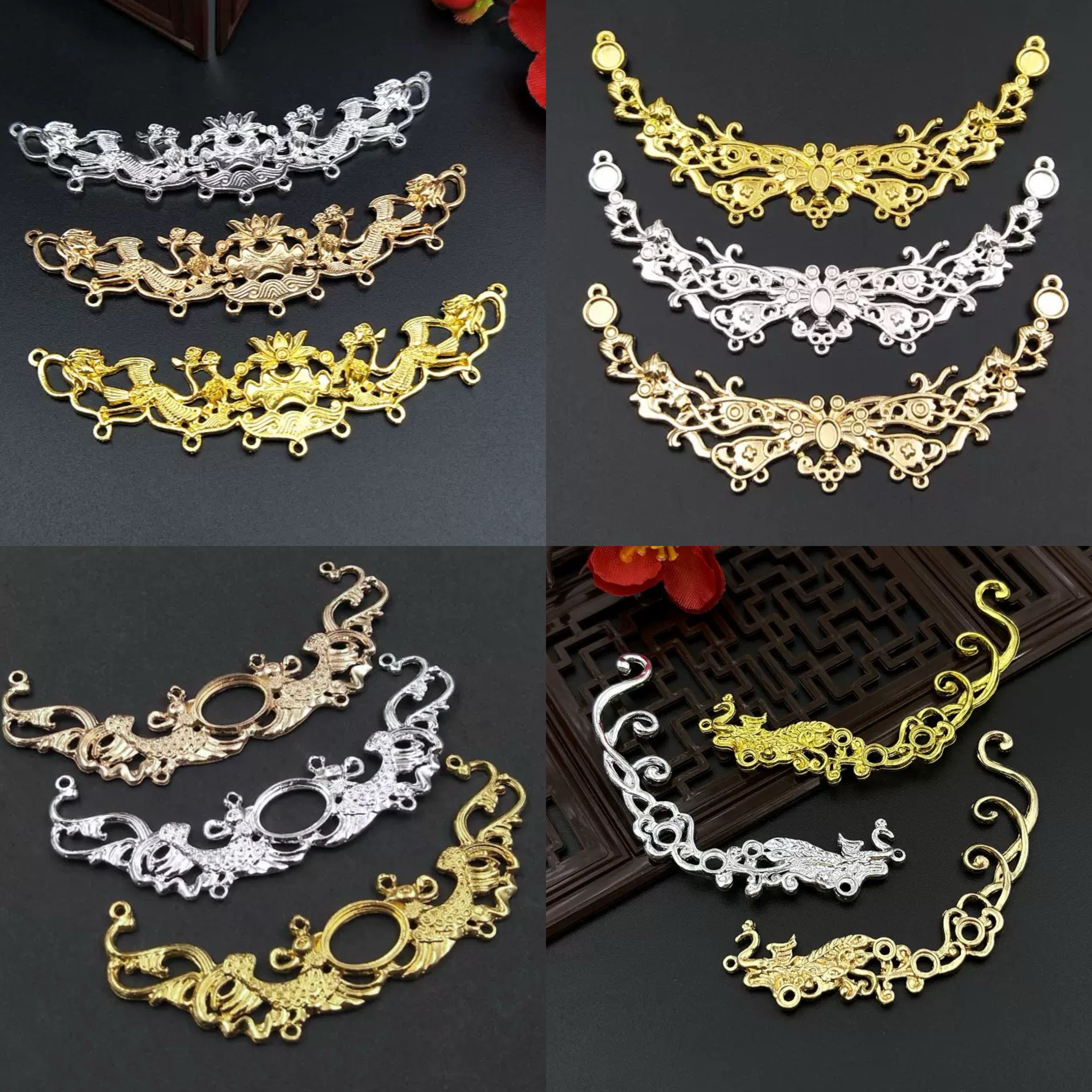 合金镂空花丝流苏挂牌弧形璎珞连接饰品配件古风汉服发冠头饰材料