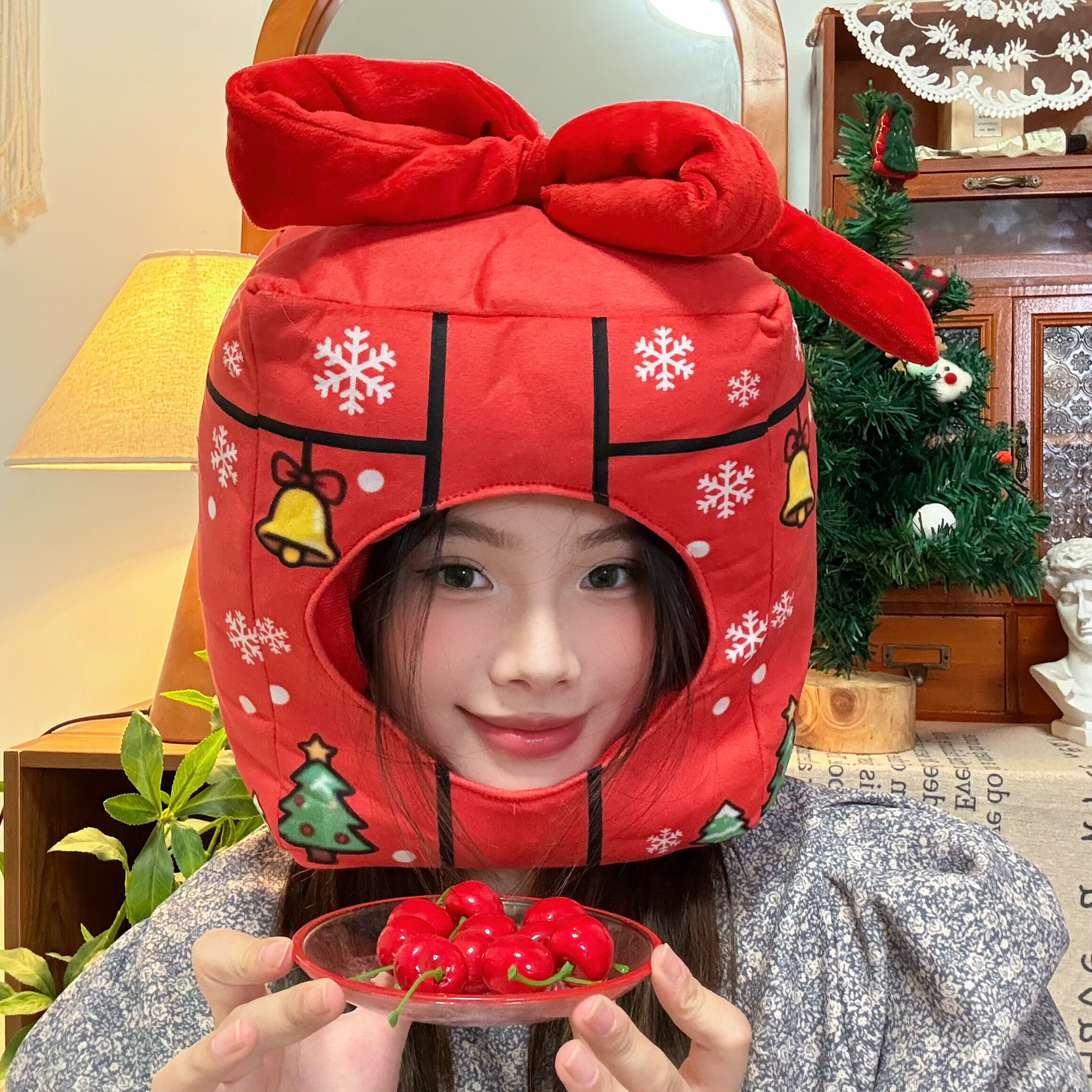 ins圣诞帽子装扮头饰宠物头套儿童节日创意礼物盒子闺蜜拍照道具
