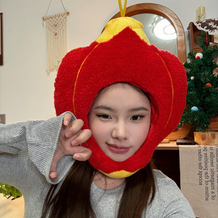 创意搞怪卡通大红灯笼头套儿童春节帽子新年氛围感自拍照道具ins