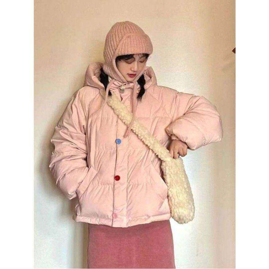 Chic韩系彩色扣粉色连帽面包服外套女冬季新款时尚休闲小个子棉服