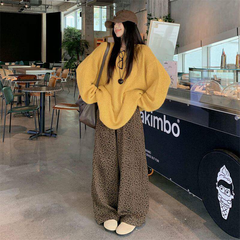 韩系复古慵懒风姜黄色套头毛衣女秋冬新款软糯宽松针织衫