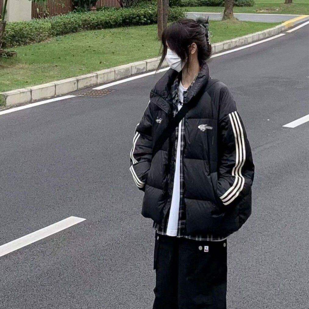黑色条纹三杠撞色潮牌字母刺绣棉服女冬季新款时尚学生面包服外套