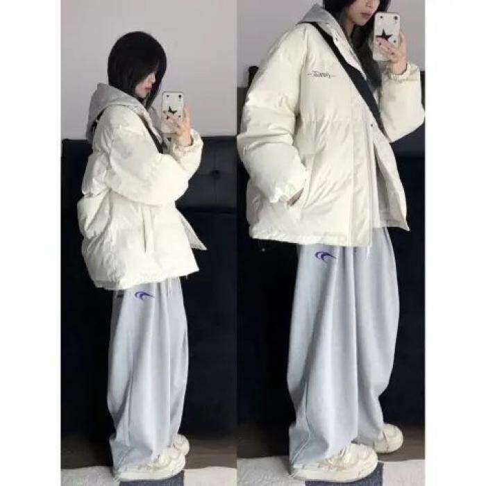假两件拼接撞色连帽棉服外套女冬季新款设计感字母刺绣面包服