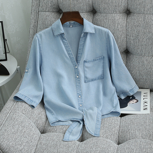 2025年春夏新天丝牛仔衬衫女七分袖外套打结户外外出游玩个性上衣