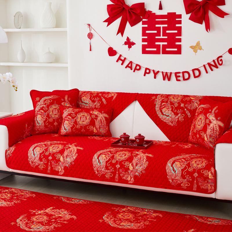 纯棉结婚喜庆大红色沙发垫布艺四季通用防滑贵妃坐垫盖巾红色龙凤
