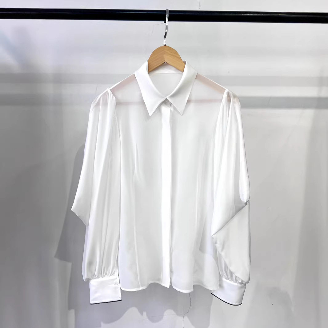 BC桑蚕丝优雅礼服袖衬衫深圳南油老钱风BC新款白衬衫气质衬衫