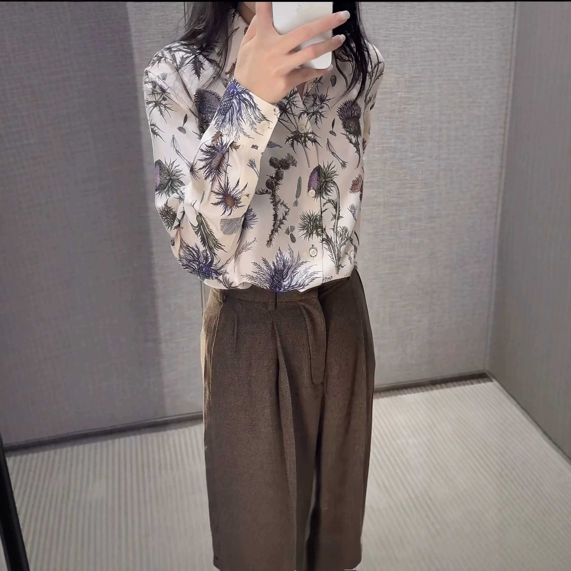 深圳南油老钱风LP桑蚕丝印花衬衫LP蓟花印花真丝衬衫宽松长袖衬衫