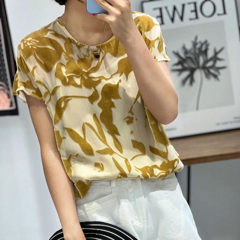 欧洲站欧货真丝植绒炼花t恤上衣女夏新款设计感小众百搭洋气小衫