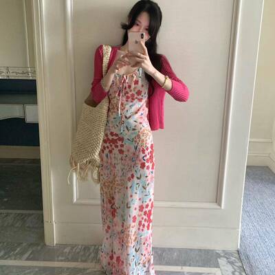DARA ROSE树莓粉色碎花吊带洋装开衫两件套女夏季绝美度假长裙