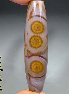 金色发丝毛毛眼睛天然玛瑙三眼天珠精品收藏勒子吊坠挂坠 031